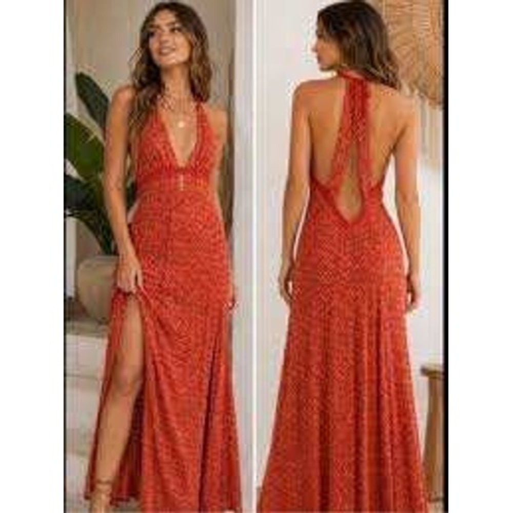 Free People Knit Maxi Dress Womens Medium Red Chevron Open Back Boho Flowy